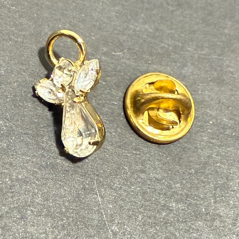 Guardian Angel Lapel Pin Gold Tone Rhinestone Vintage Halo Religious Tie Tac